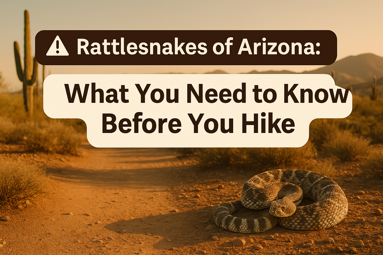 Illustration of a hiker walking through an Arizona desert trail at sunset with a Western Diamondback rattlesnake near the path