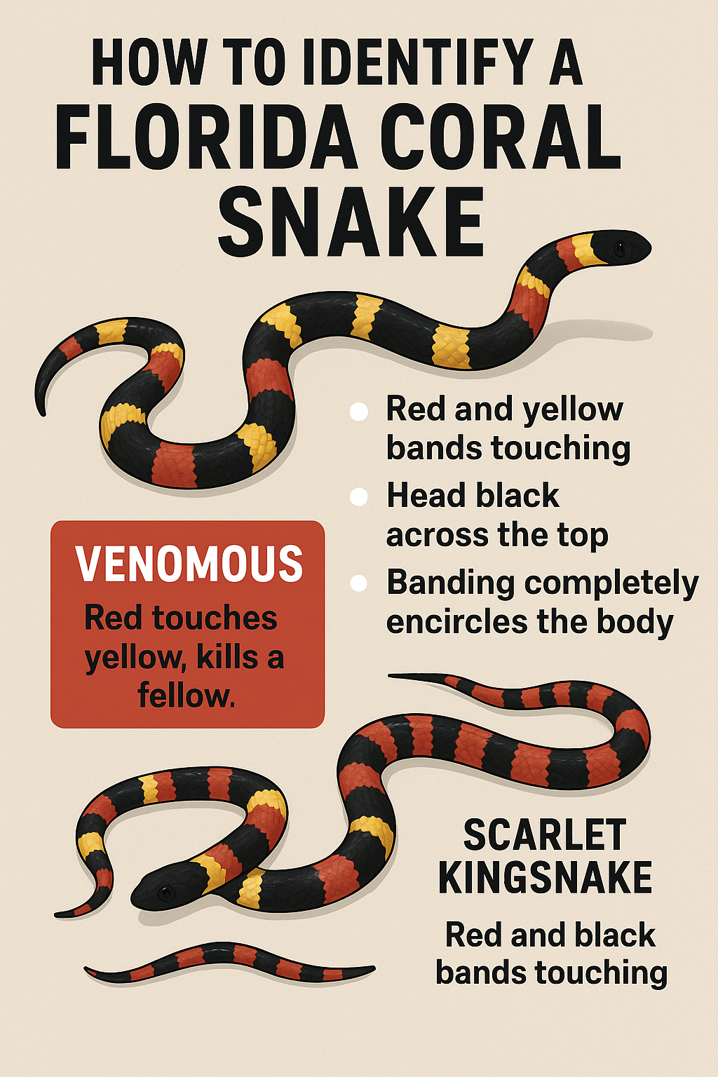 Infographic showing how to identify the Florida Coral Snake vs Scarlet Kingsnake